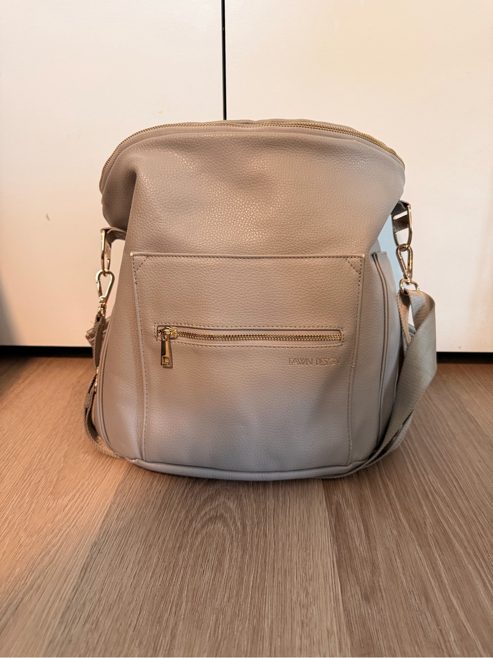 Fawn Design Gray Baby Bag/Backpack with Gold Hardware
